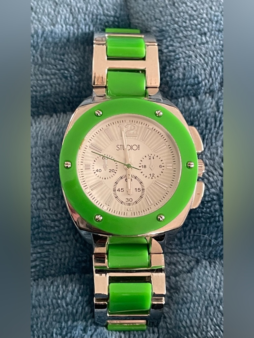 Vintage Studio Time Women's Watch Silver Tone Green Accents 40mm